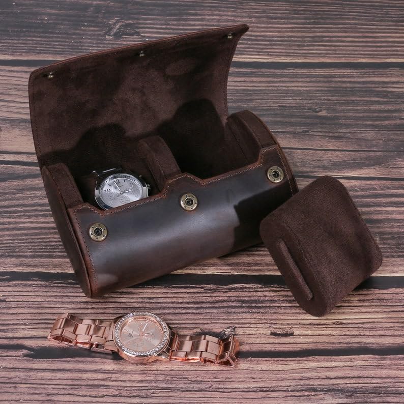 Genuine Leather Watch Roll Travel Case,2 Slots Vintage Full Grain Leather Watch Box with Pillow for Men,Watch Storage Organizer for Home Storage,Anniversary Birthday Christmas Gift