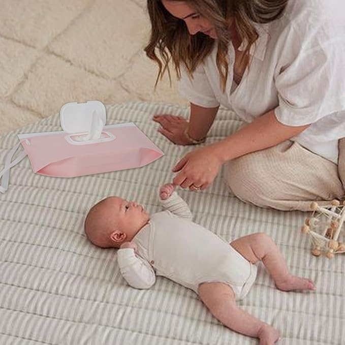 Baby wipes dispenser，portable baby wipes holder for outdoor, Refillable baby wipes container, on the go wet wipe pouch for travel, resuable wipes dispenser for hiking (Pale Pink)