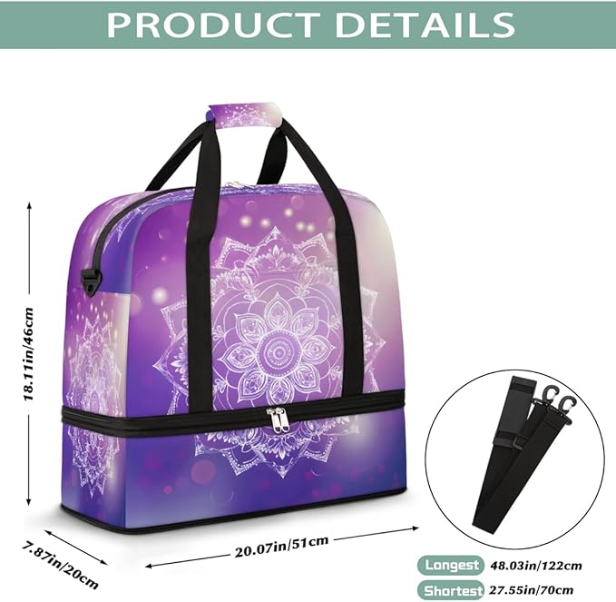 Purple Mandala Flower Abstract Large Weekender Bag with Shoe Compartment Travel Duffel Bags for Women Carry On Hospital Overnight Bag Foldable Personal Item Travel Bags Tote Gym Sports Airplanes