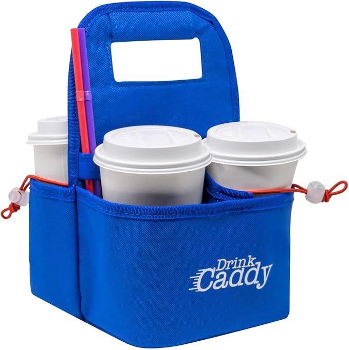 Drink Caddy Portable Drink Carrier and Reusable Coffee Cup Holder - 4 Cup Collapsible Tote Bag with Organizer Pockets Safely Secures Hot and Cold Beverages (Blue)