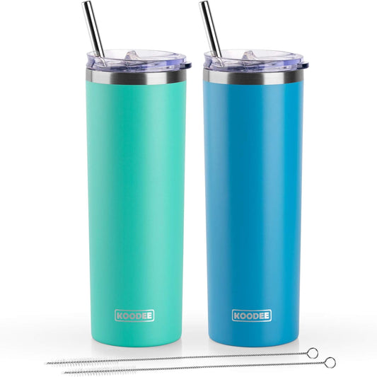 koodee Tumbler with Lid and Straw-20 oz Stainless Steel Vacuum Insulated Water Tumbler Cup for Adults, 2 Pack Slim Travel Coffee Tumbler for Women (Teal-Sky Blue)
