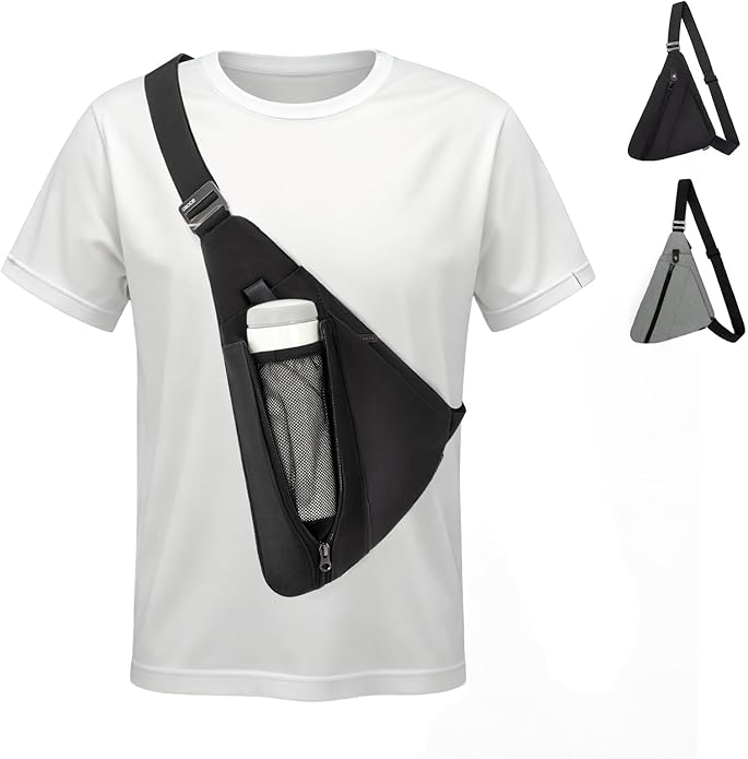 Sling Bag for Men, Anti-Theft Crossbody Chest Pack, Minimalist Daypack with Water Bottle Holder