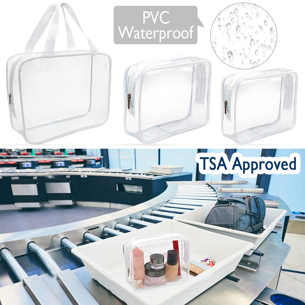 APREUTY Clear Makeup Bags, TSA Approved 6Pcs Cosmetic Makeup Bags Set Clear PVC with Zipper Handle Portable Travel Luggage Pouch Airport Airline Organization (White)
