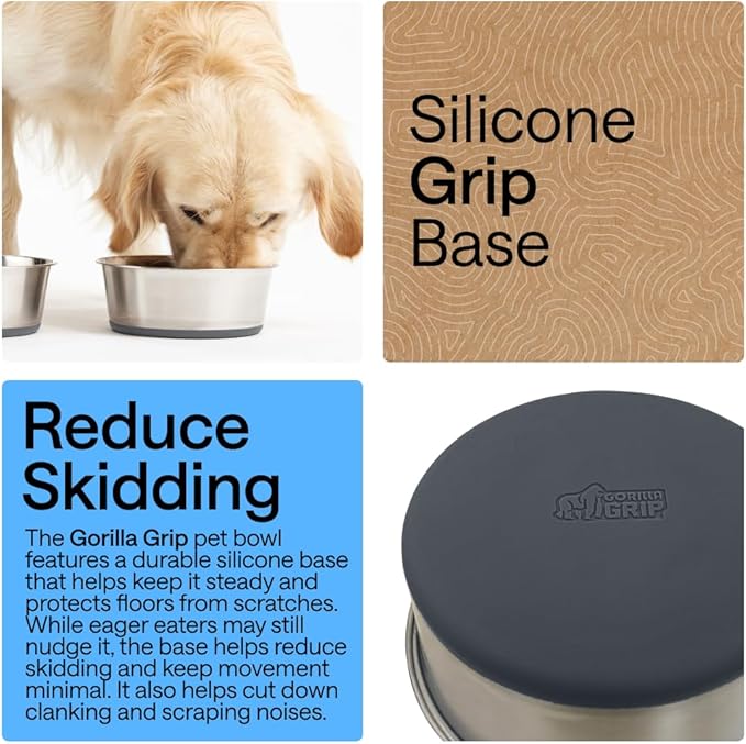 GORILLA GRIP Dog Bowls, Heavy Duty 304 Stainless Steel, Holds 6 Cups Each (48 fl oz) Food and Water Bowl for Feeding Dogs and Cats, Dishwasher Safe, Rust Resistant, BPA Free Rubber Base Set of 2 Gray