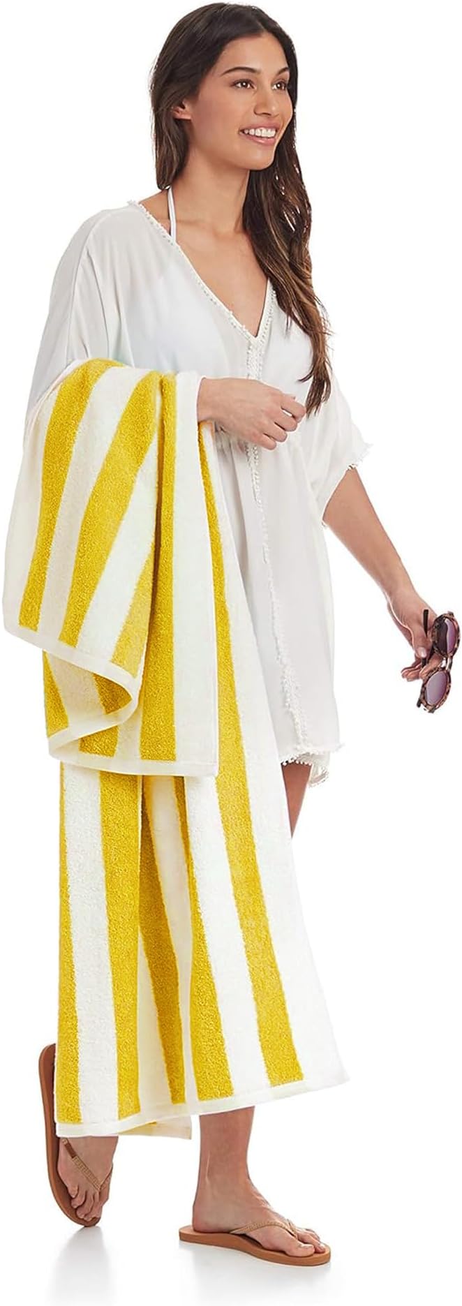 Amazon Basics 100% Cotton Beach Towel, Soft & Absorbent, Fast Drying, Cabana Stripe, Large 30" x 60", Yellow, 2-Pack