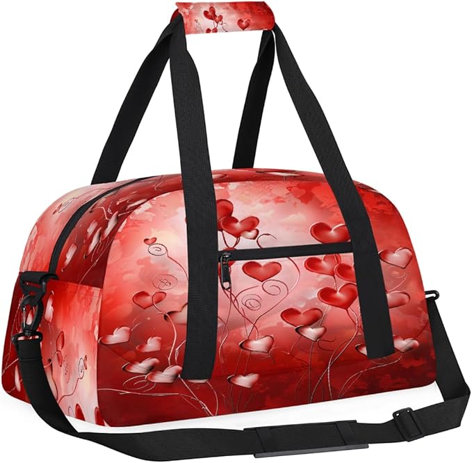 Red Heart Floral Pattern Sports Duffel Bags, Water-Resistant Gym Duffle Bag for Men Women, Lightweight Weekender Overnight Bag for Fitness, Workout, Travel