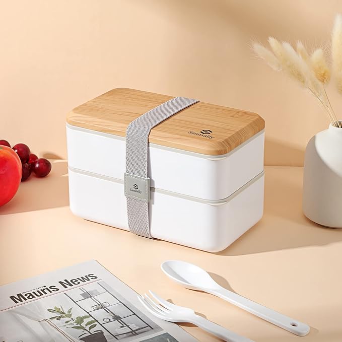 Sinnsally Lunch Box for Adult,1400ml Stackable Japanese Bento Lunch Box for Women,Lunch Containers with Food Compartments,Rectangle Bento Box with Cutlery Set,Leak-proof,Microwave Safe (White)