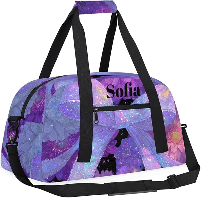 Custom Name Girls Gym Travel Duffle Bag with Front Zipper Pocket Personalized Sports Bag for Overnight, Weekender, Carry On,Workout & Dance, 18.9 * 8.7 * 10.6 in，Purple Bow