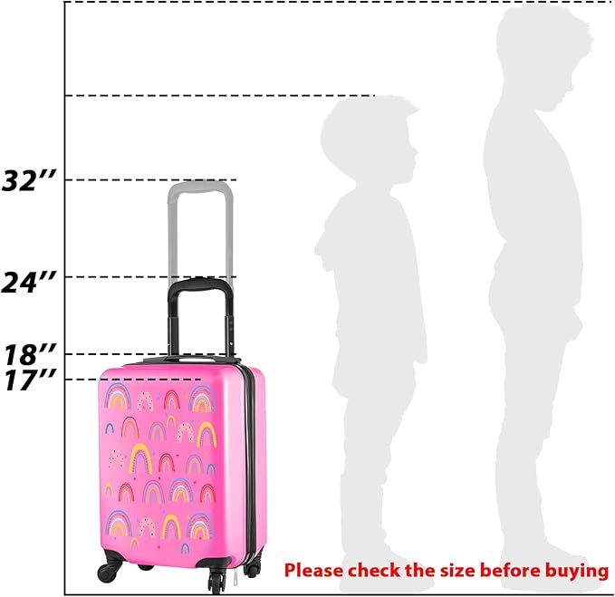 Sanwuta 4 Pcs Kids Luggage Set Rolling Suitcase Backpack U-shaped Pillow Kids Carry On Gift for Summer Travel Family Trip(17 Inch,Rainbow Style,Pink)