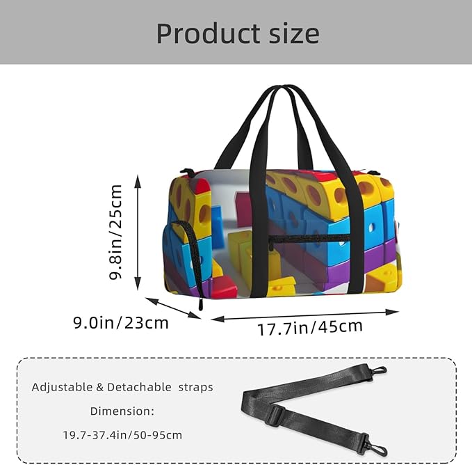Colorful Building Blocks Print Gym Bag with Shoe Compartment for Women Men, 17.7in Sports Duffle Weekender Tote, Overnight Travel Duffel Bag Carry On