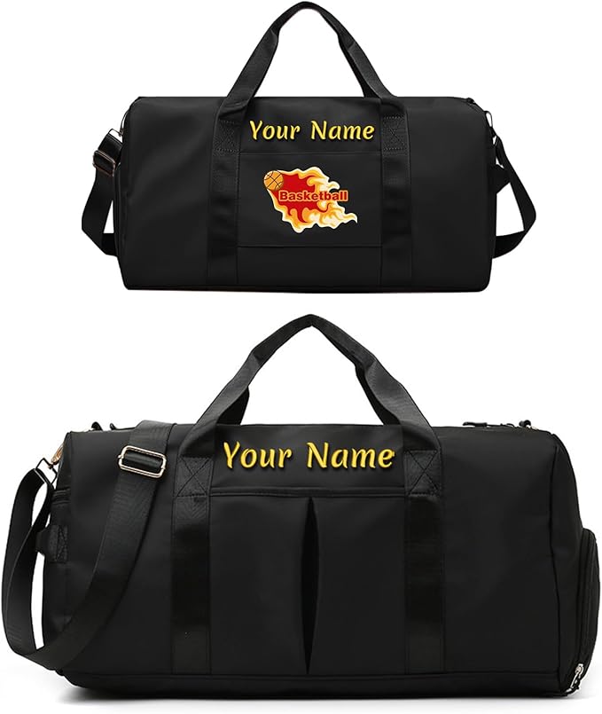 Custom Duffle Bag, Personalized Embroidered Sports Gym Bag for Women/Men, Travel Bag with Double-Sided Customization and Separate Wet and Dry Pockets and Shoe Bags-Black