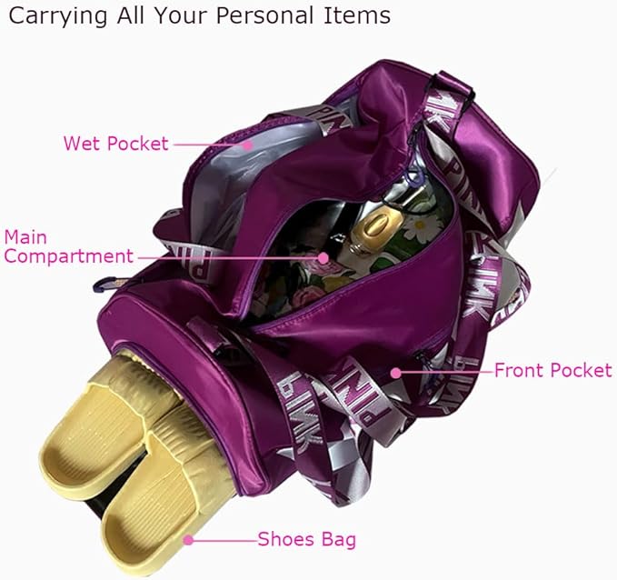 Sports Gym Bag Large Capacity Travel Duffel Bag Sport Shoes Bag with Wet Pocket Compartment for Men and Women Lightweight Multiple Colors PINK Logo (PURPLE)