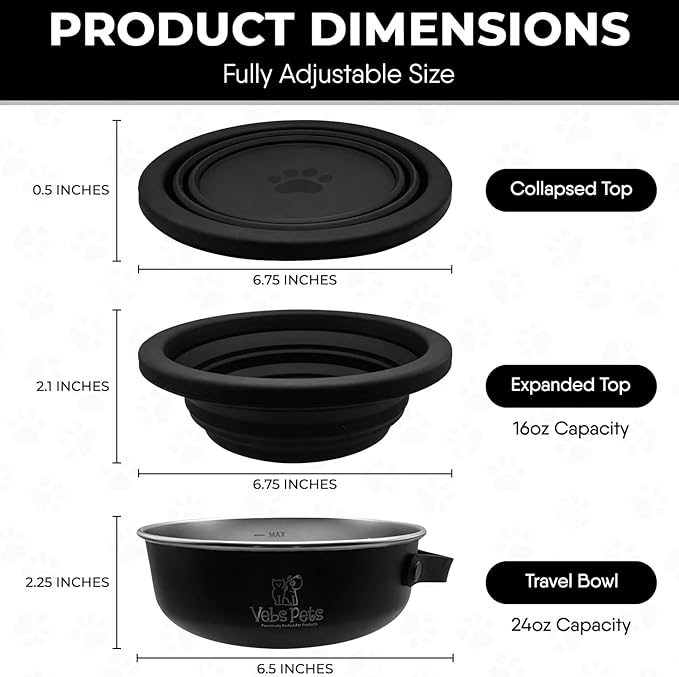 Vebs Pets- Stainless Steel Dog Bowl 30 oz, W/Collapsible Bowl Lid 20 oz W/Handle, Leak Proof, Non Slip, Food & Water Pet Bowls for Dogs & Cats, Medium Dogs, Portable Travel Dog (Black)