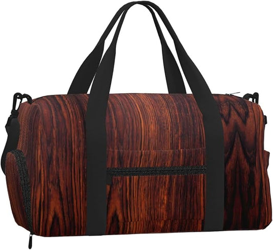 Dark Mahogany Wood Grain Brown Wood Pattern Women'S Gym Duffle Bag With Shoes Compartment, Ideal For Travel, Gym, Sports, Duffel, Weekender