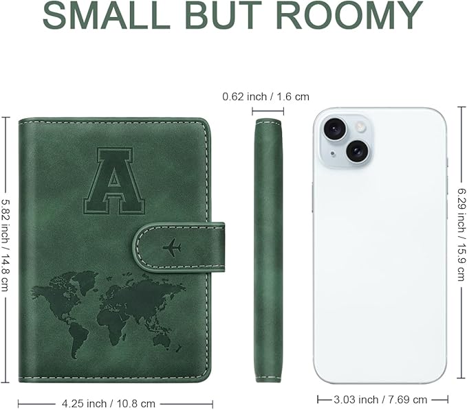 Personalized A Passport Holder Cover Initial Letter Travel Wallet RFID Blocking Passport Cover Credit Card Holder Case Passport Book Holders for Women and Men, Pine Green-A