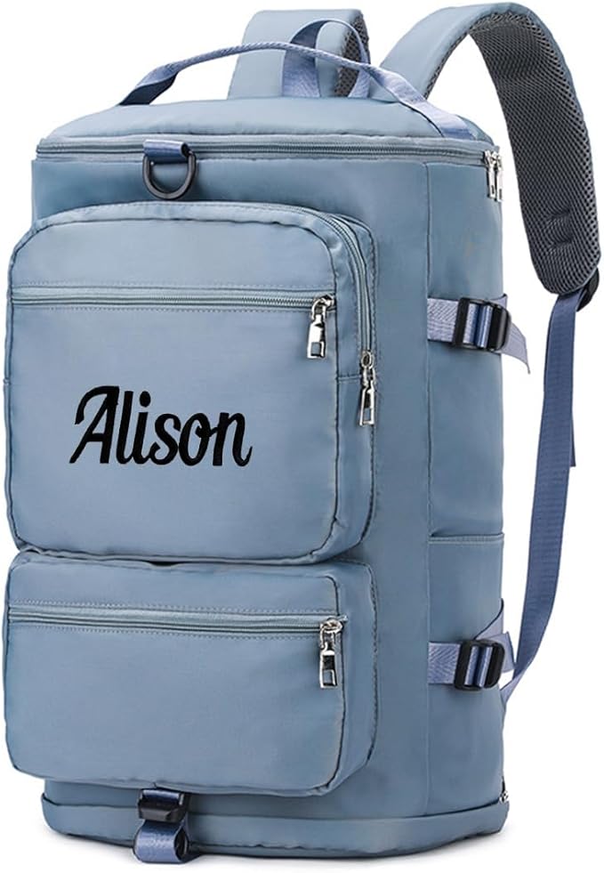 Personalized Sports Duffel Bag, 35L Custom Embroidered Gym Backpack for Men Women, Travel Weekender Bag with Shoe & Laptop Compartment, Carry On Overnight Workout Bag(Light Blue)