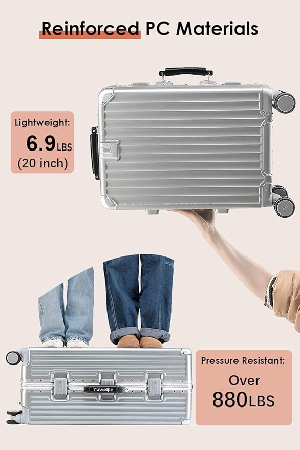 20 Inch Carry On Luggage with Leather Handle, PC Zipperless Suitcase with Spinner Wheels and TSA Locks, 22x14x9 Airline Approved Luggage for Travel, Silver