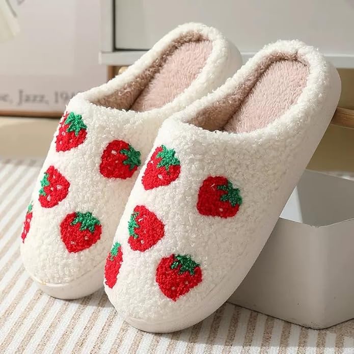 Unisex Xmas Elk Shoes Santa Reindeer Cute Strawberry Cartoon Christmas Tree Pink Bow Memory Foam Soft Plush House Slippers Indoor/Outdoor