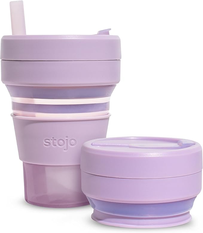 STOJO Collapsible Travel Cup - Reusable To-Go Pocket Size Silicone Bottle for Hot and Cold Drinks - Perfect for Camping - Microwave & Dishwasher Safe (Translucent Lilac, 16, ounces)