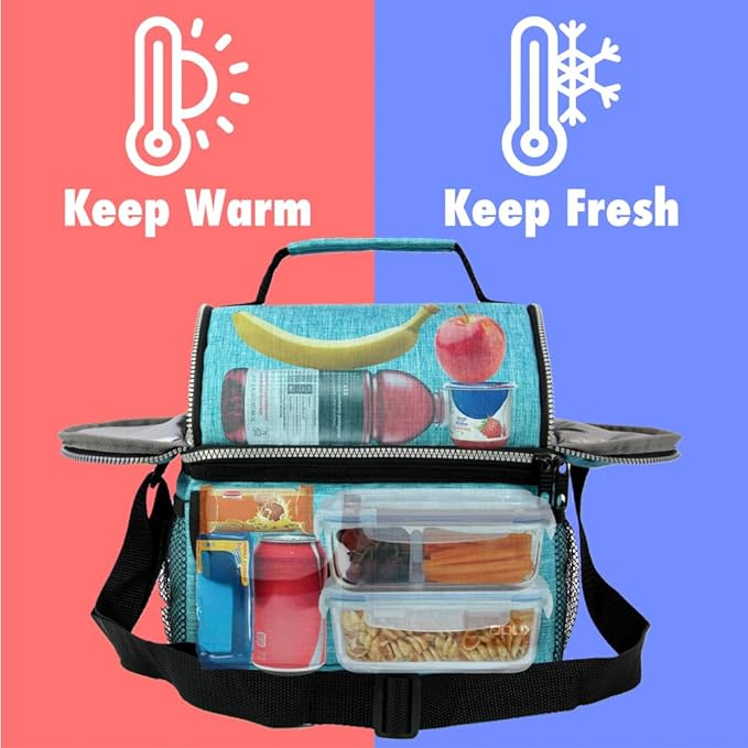 OPUX Lunch Box for Men, Adult Lunch Box Cooler, Insulated Lunch Bag Women, Dual Compartment Lunchbox for Work, Leakproof Double Decker Lunch Bag, Soft Lunch Pail Tote Boys Girls Kids School, Teal Blue