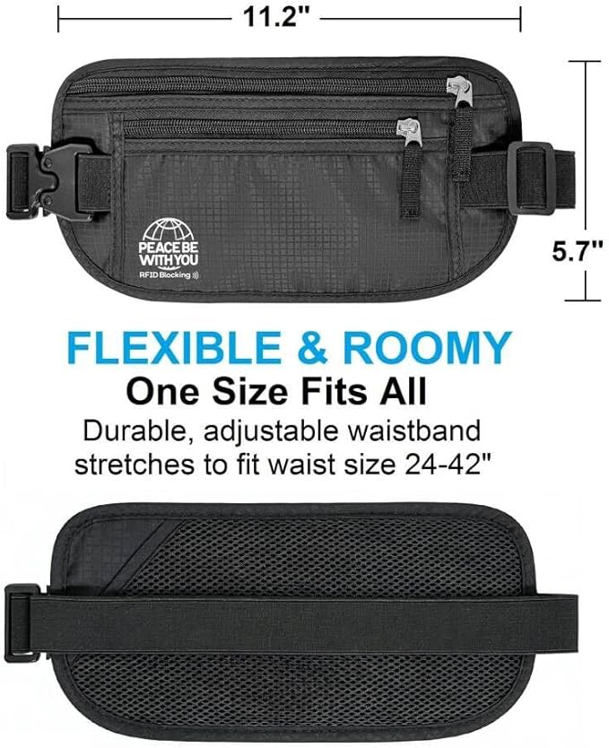 Hidden Money Belt for Travel, RFID Blocking, Sweat-Proof, Heavy-Duty Buckle, 3rd Gen Waist Wallet Anti Theft to Protect Cash, Credit Cards and Documents Under-Clothes for Men & Women, Black
