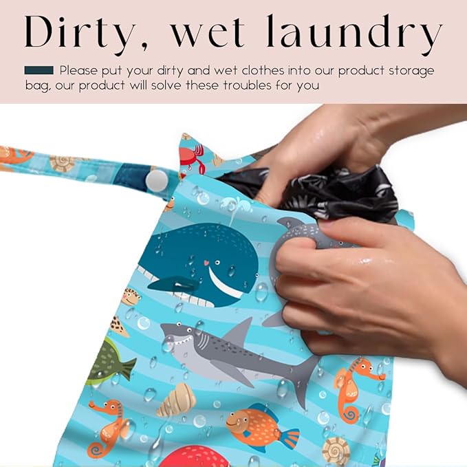 Wet Bag, Wet Dry Bag, Waterproof Swim Bags, Machine Washable Reusable Bags for Beach, Pool, Diapers, and Dirty Yoga Gym Clothes(Large Ocean Animals Cartoon Print