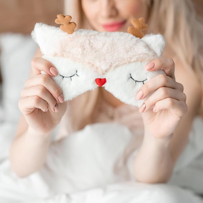 Cute Reindeer Plush Sleep Mask - Soft Fluffy Eye Cover Blindfold for Kids, Girls and Adults - Beige