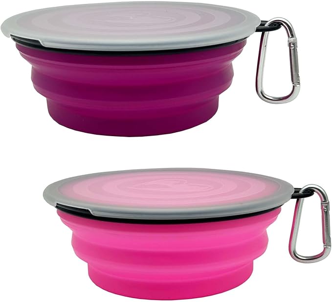 Large Collapsible Dog Bowl 35oz, 2 Pack Collapsible Travel Dog Cat Water Bowl Portable Foldable Food Dishes with 2 Carabiners for Travel, Hiking, Camping, Walking (Purple+Pink, 1000ml)