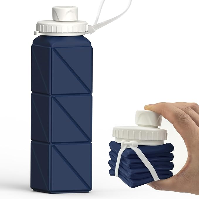 Collapsible Water Bottles 20.6oz, Silicone Foldable Portable Travel Water Bottle, BPA-Free, Leakproof Reusable for Traveling Camping Hiking Cycling Yoga Sports Outdoor, 1 Pack (Dark Blue)