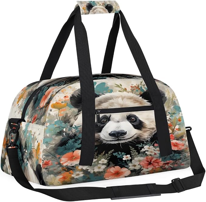 Gym Bag for Women Men, Panda Flower Art Travel Duffle Bags for Dance Ballet Overnight, Carry-On Weekender Bag with Detachable Shoulder Strap