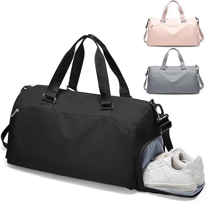 Gym Bag for Women with Shoe Compartment Lightweight Travel Duffle Bags Carry on Bag Overnight Weekender Duffel Bag with Wet Pocket Personal Item Travel Bag Tote Bag Workout Dance Bag Black