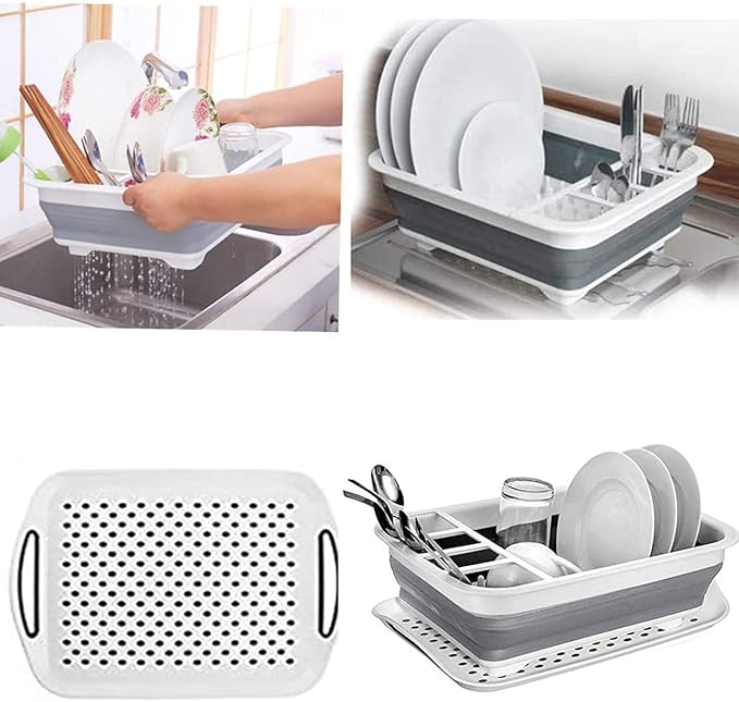 Ahyuan Collapsible Dish Drying Rack Portable Dinnerware Drainer Organizer for Kitchen RV Campers Travel Trailers Space Saving Kitchen Storage Rack Tray (With Drainboard)