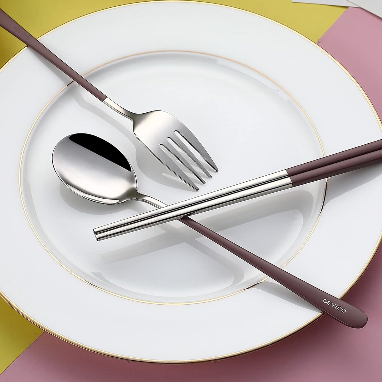 DEVICO Portable Utensils, Travel Reusable Silverware Flatware Set for Lunch, 18/8 Stainless Steel 4-Piece Camping Cutlery Include Fork Spoon Chopsticks with Case (Brown)