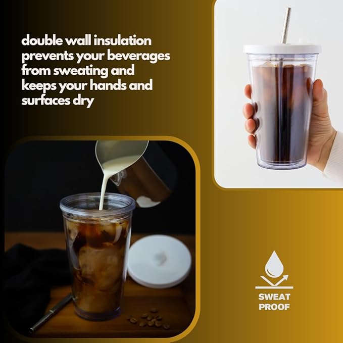 Reusable Iced Coffee Cup (16 Oz), Leakproof Iced Coffee Tumbler with Collapsible Steel Straw and Lid, Double-Wall Insulated, Shatter-Resistant, BPA-Free, Keeps Drinks Cold
