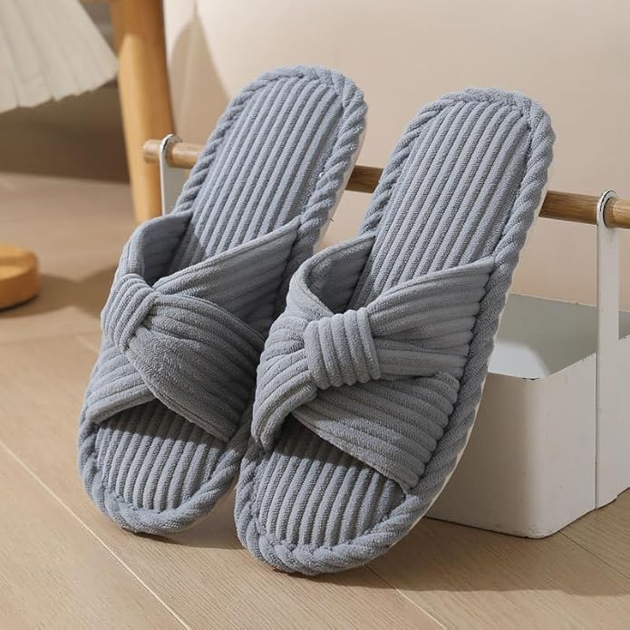 House Slippers for Women Corduroy Cross Bow Indoor Slippers Open Toe Slip On Bedroom Shoes with Memory Foam