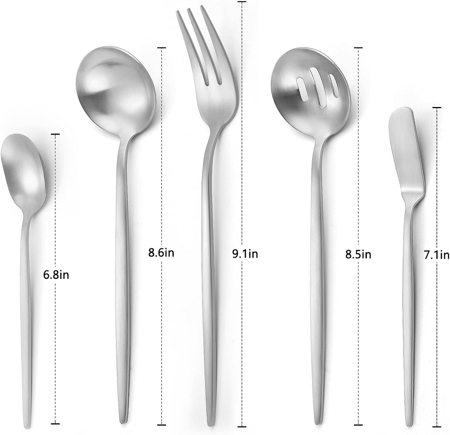 Matte Serving Silverware Set, 5-Piece Round Shared Utensils Set of Stainless Steel, Hostess Flatware Serving Set, Satin Finish, Dishwasher Safe