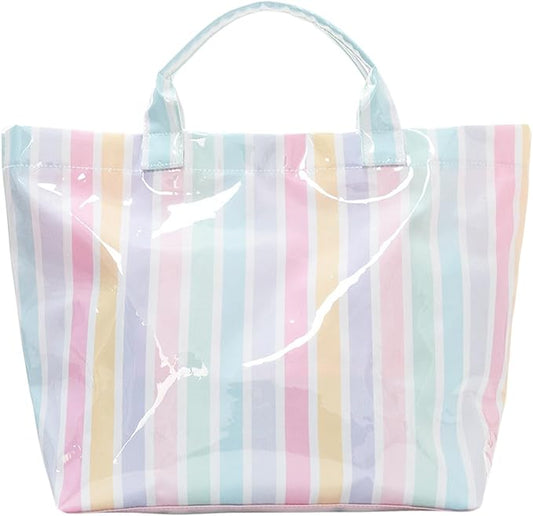 JQWYGB Striped PVC Tote Bag Large Glossy Striped Handbags Waterproof Top Handle Bag Plastic Tote Handbag Beach Travel Work