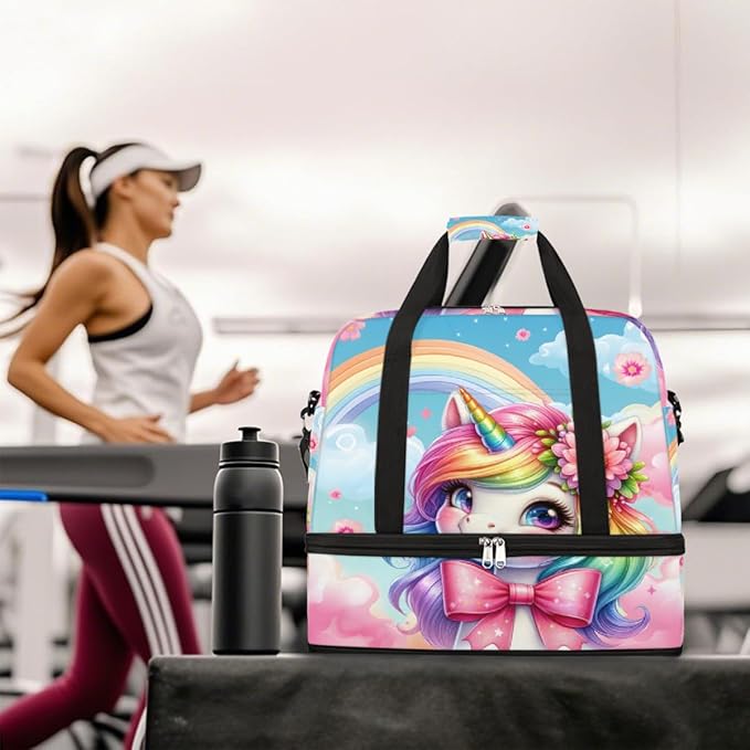 Rainbow Cute Animal Unicorn Large Weekender Bag with Shoe Compartment Travel Duffel Bags for Women Carry On Hospital Overnight Bag Foldable Personal Item Travel Bags Tote Gym Sports Airplanes
