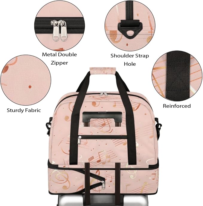 Pink Music Notes Large Weekender Bag with Shoe Compartment Travel Duffel Bags for Women Carry On Hospital Overnight Bag Foldable Personal Item Travel Bags Tote Gym Sports Airplanes