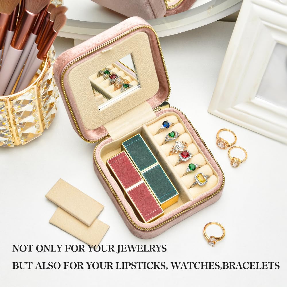 TAIMY Travel Jewelry Case,Small Plush Velvet Travel Jewelry organizer,Portable Mini Travel Jewelry Boxes for Rings Earrings Necklaces Bracelets(Blush Peach,with Mirror)