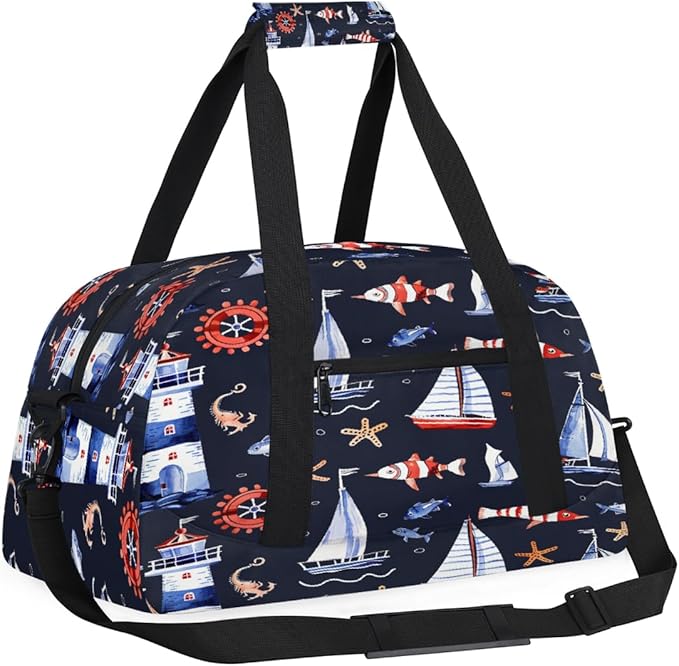 Gym Bag for Women Men, Blue White Nautical Sailboat Lighthouse Travel Duffle Bags for Dance Ballet Overnight, Carry-On Weekender Bag with Detachable Shoulder Strap