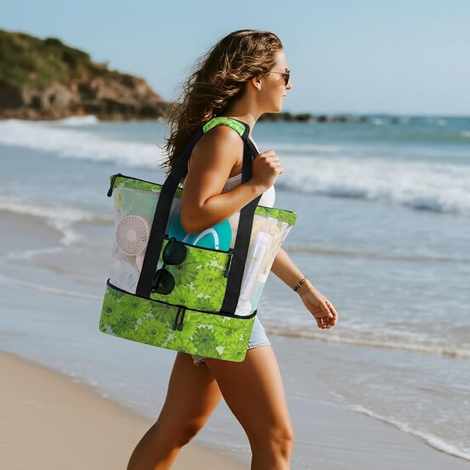 ASL Mesh Beach Bag with Cooler Compartment for Women, 2-in-1 Print Travel Tote 30L with Zipper and Pockets, Pool Picnic