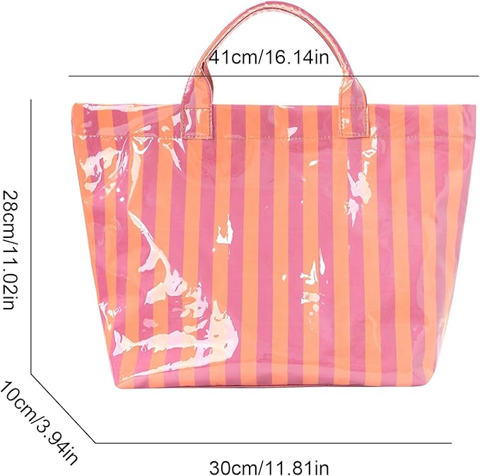 JQWYGB Striped PVC Tote Bag Large Glossy Striped Handbags Waterproof Top Handle Bag Plastic Tote Handbag Beach Travel Work