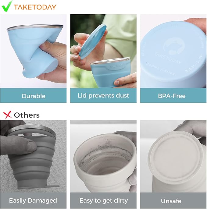 TakeToday Collapsible Travel Cup 8 oz - Silicone Foldable Water Cup, BPA-Free with Lid & Waterproof Bag - Drinking Cup Set for Office, Camping & International Travel（Blue）