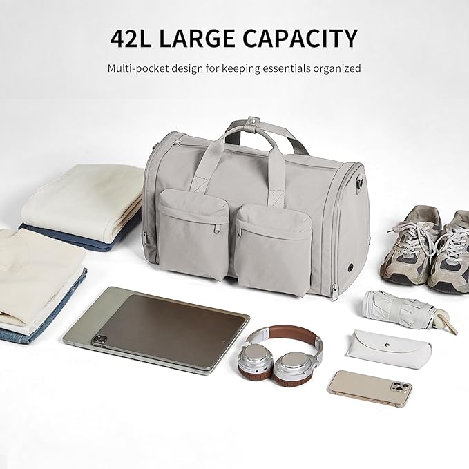 Foldable Travel Duffel Bag for Women with Shoes Compartment, 3 in 1 Carry on Gym Bag with Removable Dry Wet Bag, Lightweight&Water Resistant Duffel Bag for Travel,Sports&Workout, Elegant Gray