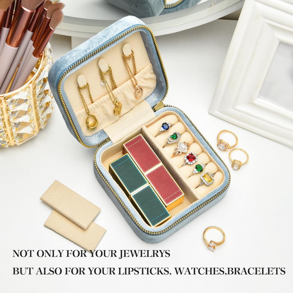 TAIMY Plush Velvet Travel Jewelry Box, Small Travel Jewelry Case, Portable Mini Jewelry Travel Organizer Boxes for Rings Earrings Necklaces Bracelets(Light Blue,No Mirror)