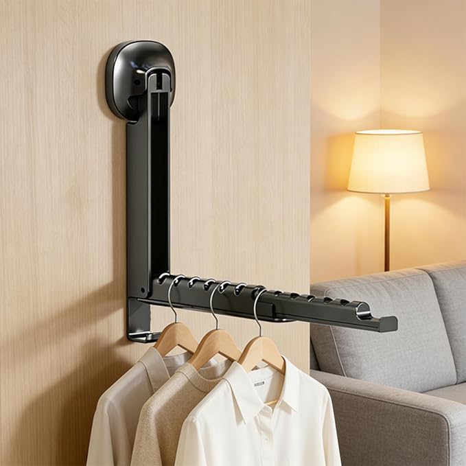 Foldable Clothes Drying Rack, Wall Mounted Drying Rack with Suction Cup, Retractable, Portable Over The Door Hooks Hanger for Laundry Bathroom RV Balcony. (Black)