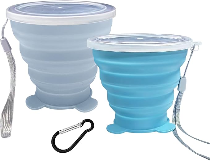2 Pcs Collapsible Cups, Silicone Collapsible TravelCup, Expandable Folding Camping Drinking Cup with Lids Reusable Small Portable Mugs-Cup for Travel, Camping, Hiking,Outdoors (Light Blue&Sky Blue)