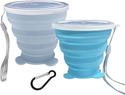 2 Pcs Collapsible Cups, Silicone Collapsible TravelCup, Expandable Folding Camping Drinking Cup with Lids Reusable Small Portable Mugs-Cup for Travel, Camping, Hiking,Outdoors (Light Blue&Sky Blue)
