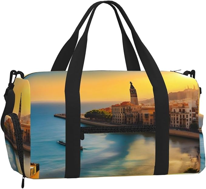 Sunset in Barcelona Print Gym Bag with Shoe Compartment for Women Men, 17.7in Sports Duffle Weekender Tote, Overnight Travel Duffel Bag Carry On